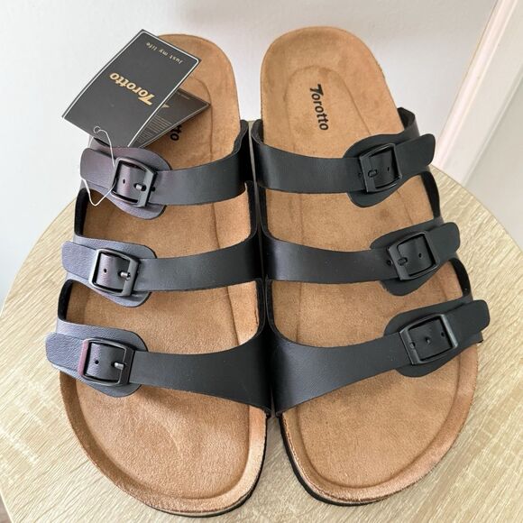 NWT Torotto Mens Slides with Cork Footbed Open Toe Flat Sandals,Black, Size 44 - Picture 16 of 16